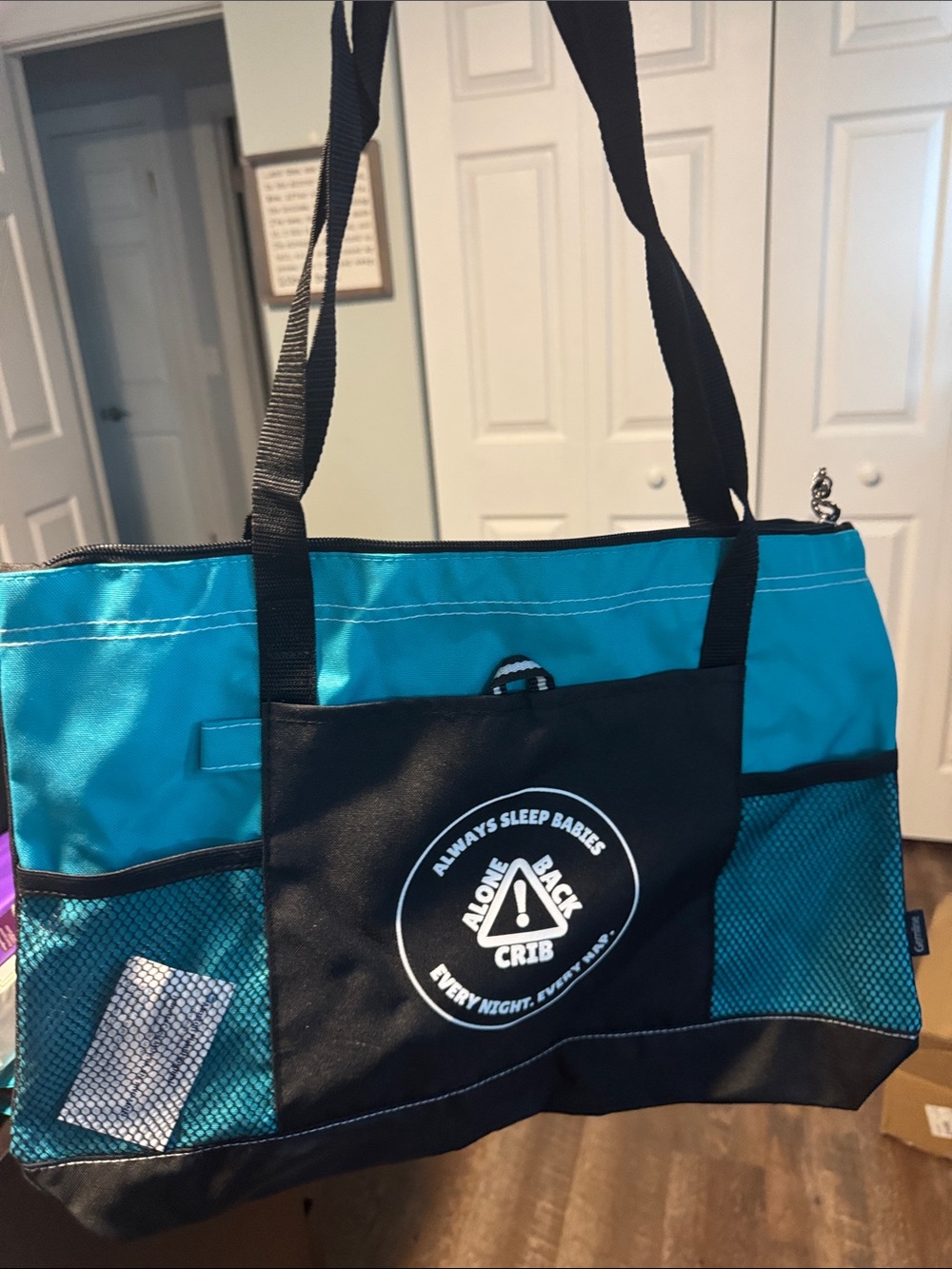 Teal and Black Tote Bag with Front Logo Pocket